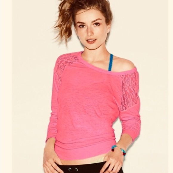 PINK VS Lace Shoulder Raglan Long Sleeve Tee Size XS - Picture 1 of 8